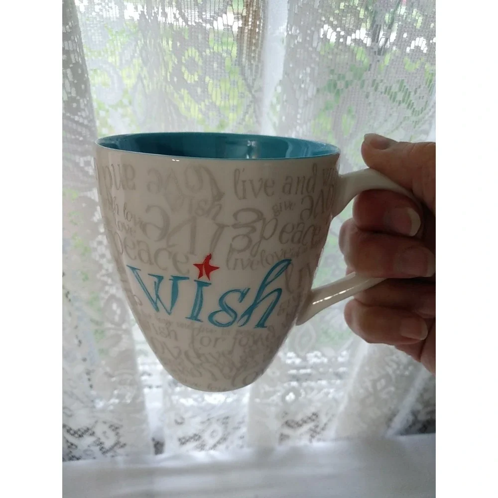 Starbucks 2005 Christmas Wish Holiday white teal gray Peace Live Love Coffee Mug